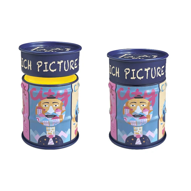 Two colorful cylindrical containers with a cartoon character and text on a white background
