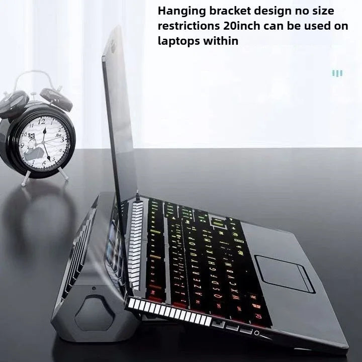 Laptop with a stand on a dark surface, with text about size restrictions.