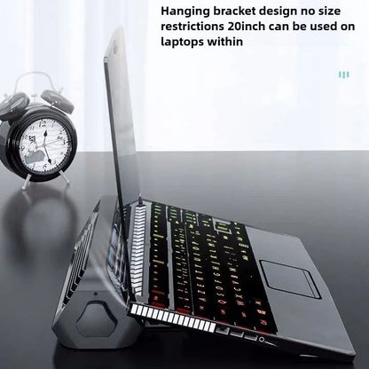 Laptop with a stand on a dark surface, with text about size restrictions.