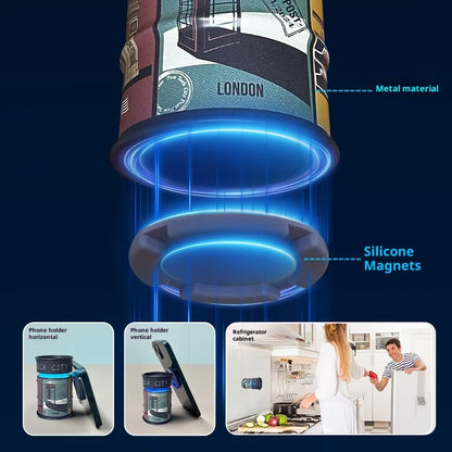 Phone holder with silicone magnets and metal material, shown in use scenarios.