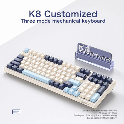 K8 Customized three mode mechanical keyboard with clear stand on a white background