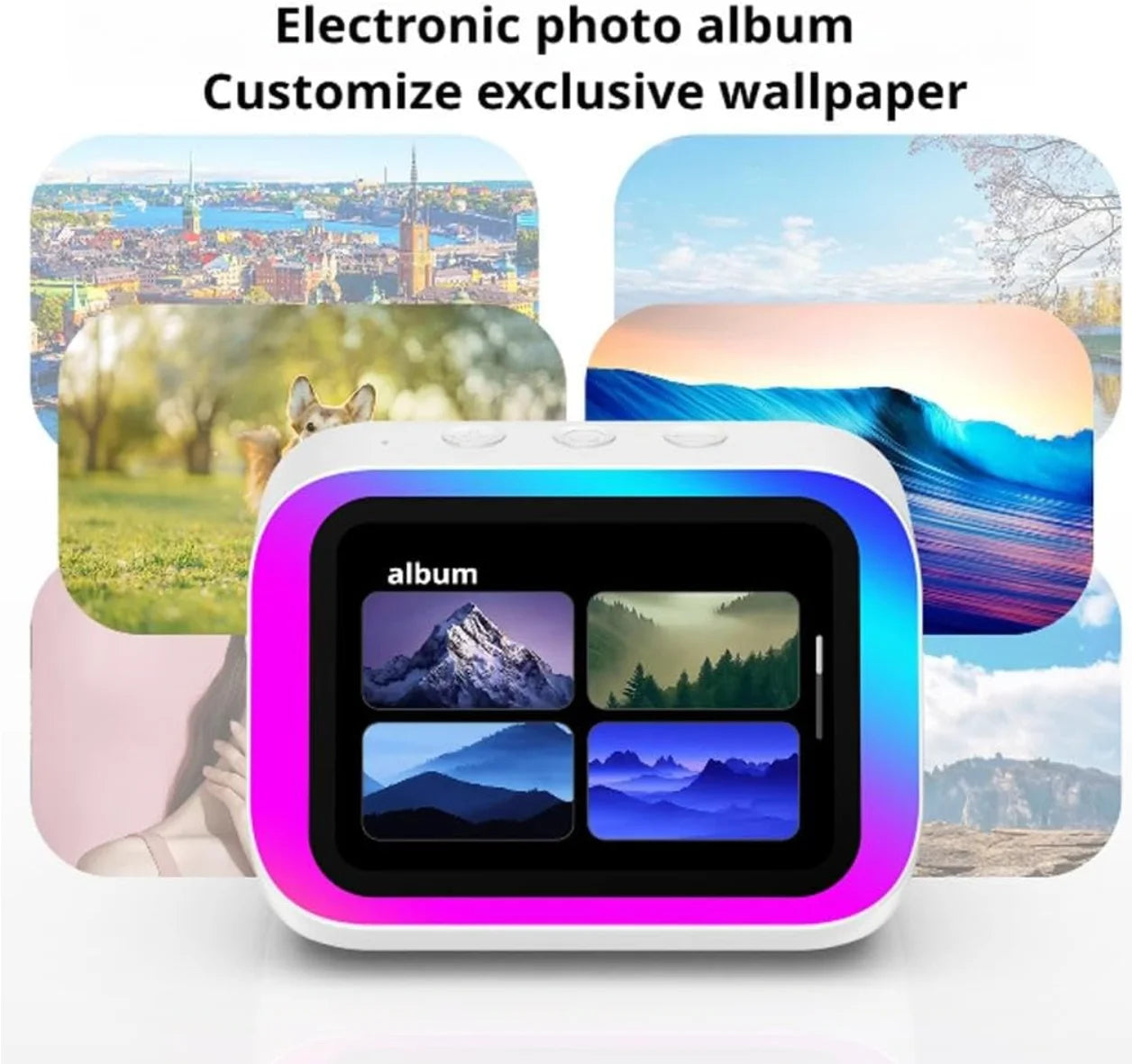 Electronic photo album with customizable wallpaper feature, surrounded by scenic images.