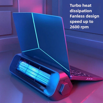 Blue cooling device with text on turbo heat dissipation and fanless design