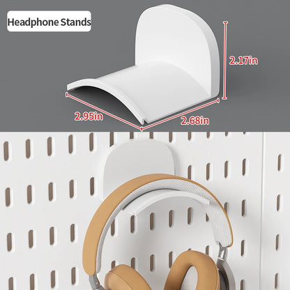 White headphone stand with dimensions labeled on a gray background