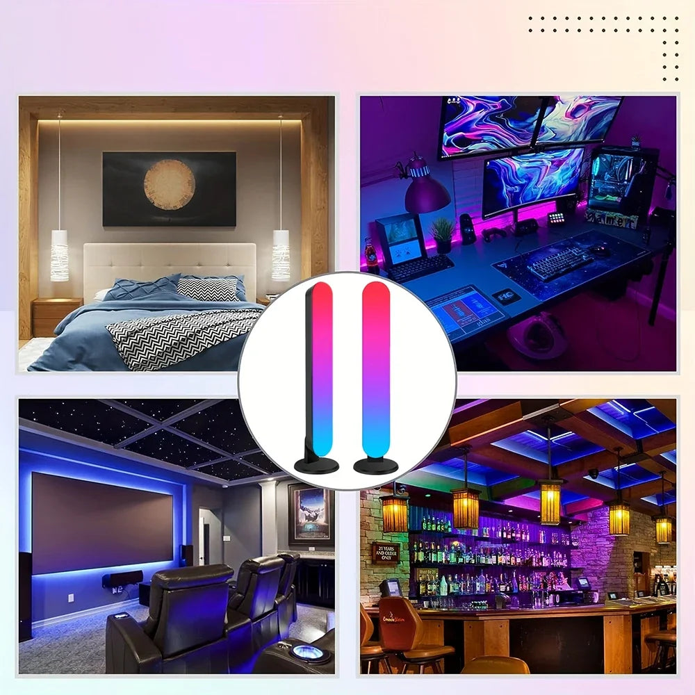 Collage of a bedroom, gaming setup, home theater, and bar with LED strip lights.