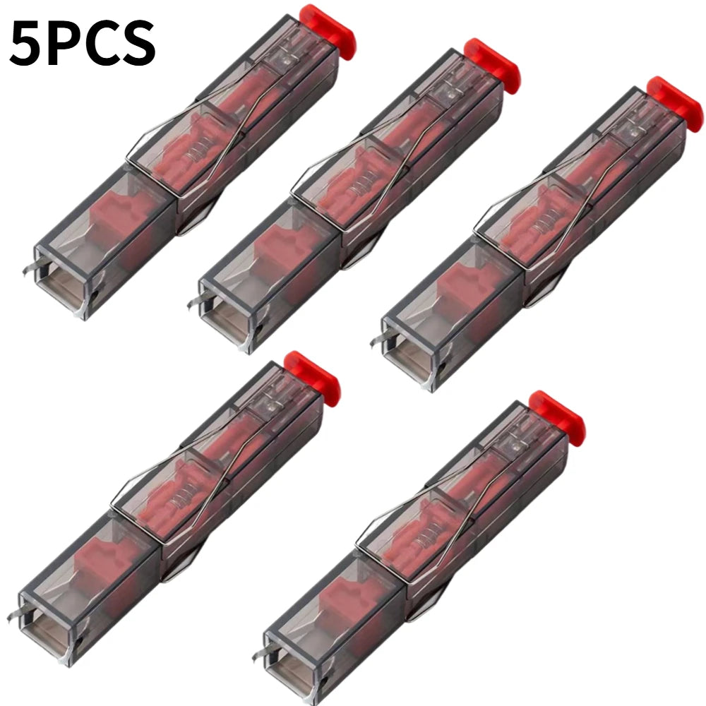 Five red screwdrivers in clear plastic cases with red ends on a white background.