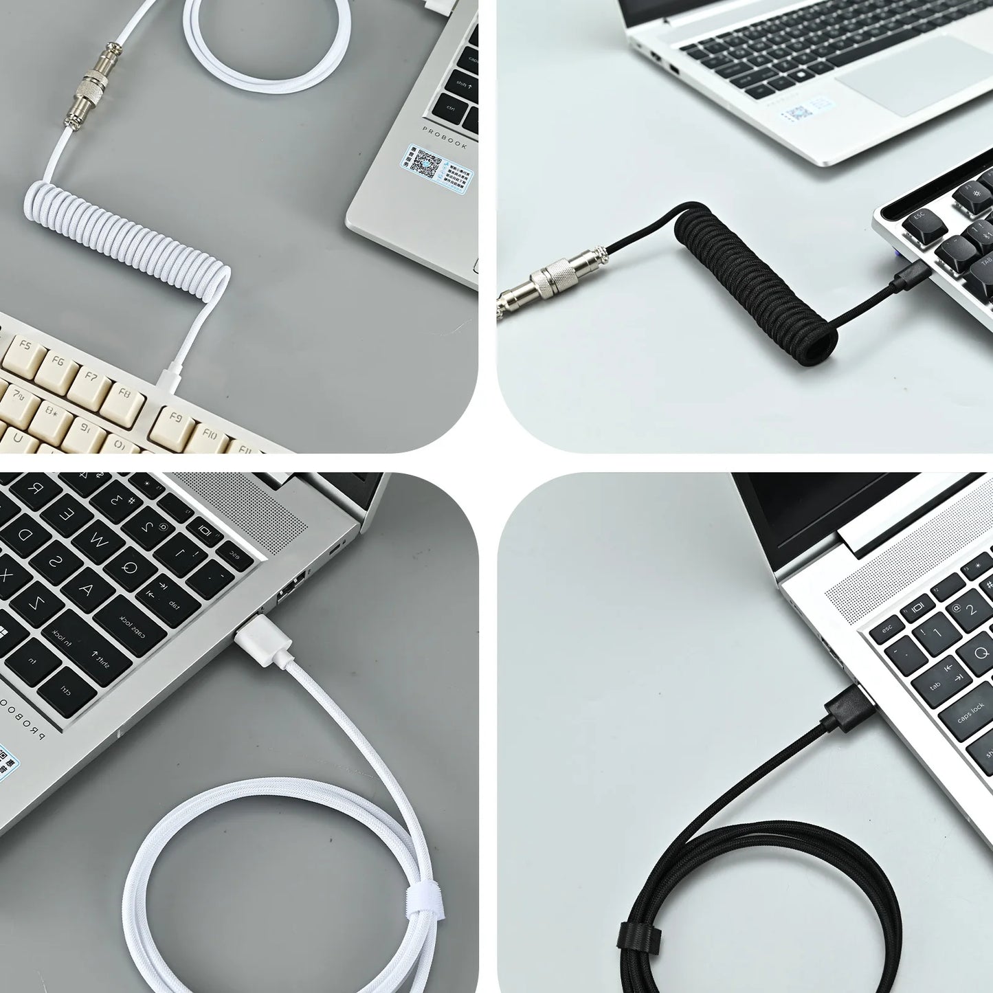 Collage of laptop with coiled security cable on a desk