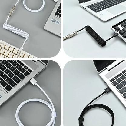 Collage of laptop with coiled security cable on a desk