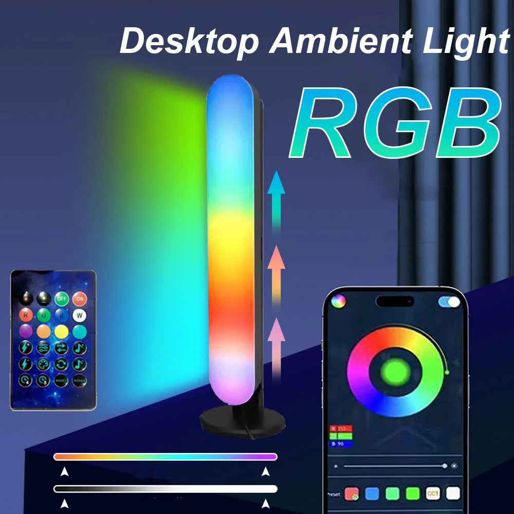 RGB desktop ambient light with smartphone app control on a dark blue background