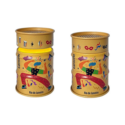 Two colorful cylindrical containers with Carnival Rio de Janeiro design on a white background