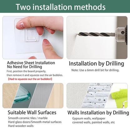 Two installation methods for a product with text and images of hands and tools.