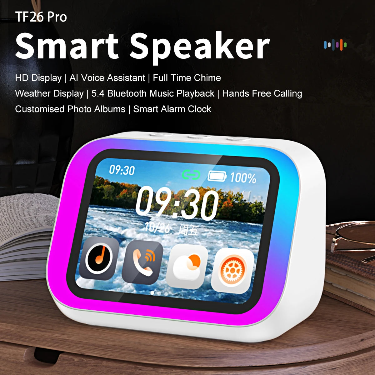 Smart speaker with display on a wooden surface, featuring text about its features.