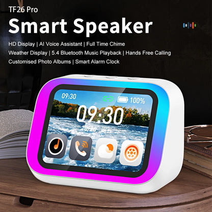 Smart speaker with display on a wooden surface, featuring text about its features.