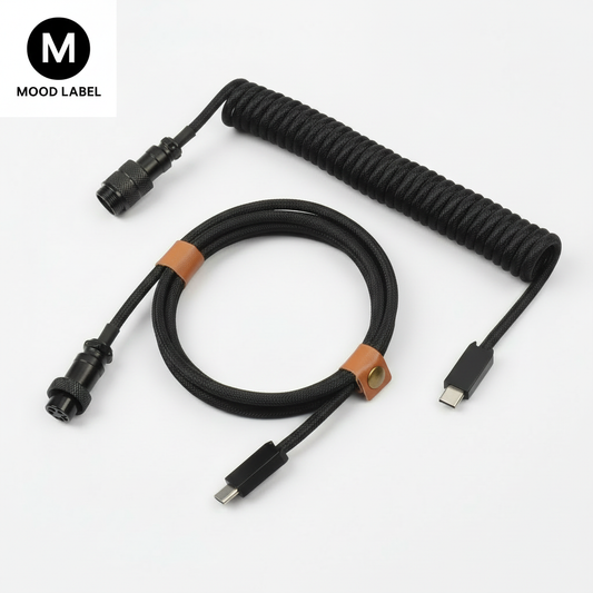 Black coiled cable with Mood Label logo