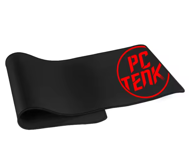 Black mouse pad with red 'PC Tenk' logo on a white background
