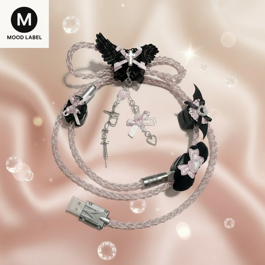 Pink Black Angel Wing Cable with Mood Label Logo - Feminine Rose Gold Background